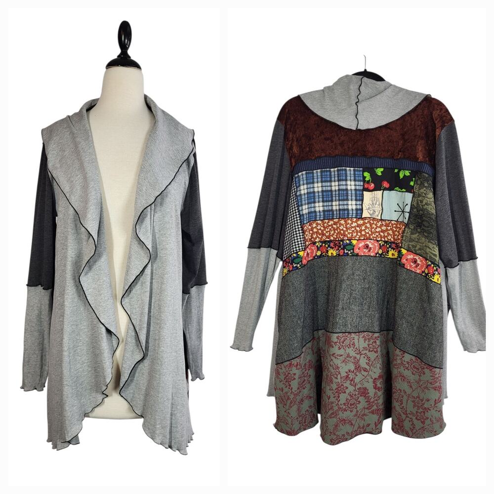 VTG Patchwork Open Front Artsy‎ Cardigan Gray M Waterfall Open Front USA Made